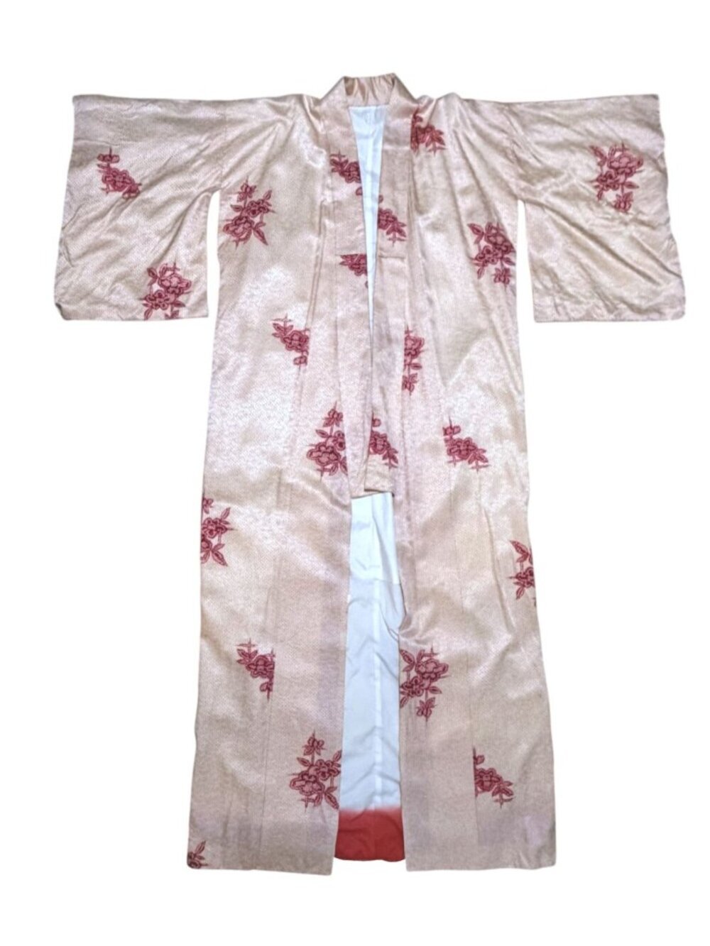 Authentic Vintage Handmade Japanese Kimono Needlepoint Print Red Cream Ombre